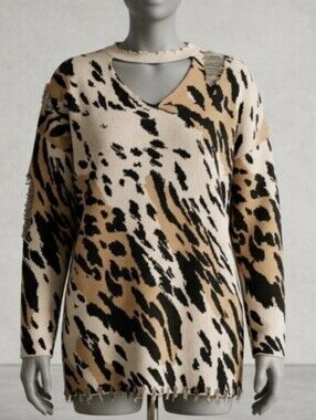 Cato animal print distressed v neck Tunic Sweater Size Xl